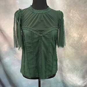 Boden Sweetheart Tulle Dark Green Ruffle Mesh Sheer Short Sleeve Blouse NWT US 2